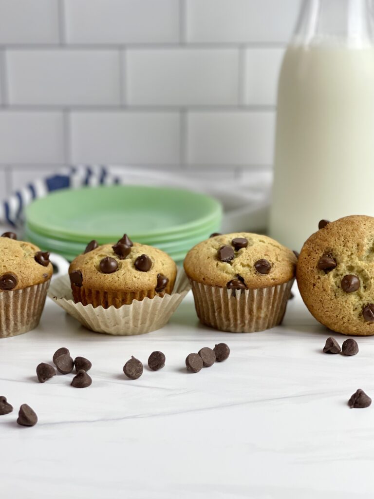 Delicious Banana Bread Muffins full of traditional banana bread flavors and gooey chocolate chips.