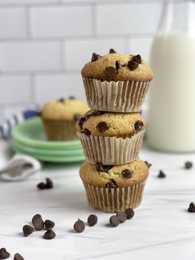 Delicious Banana Bread Muffins full of traditional banana bread flavors and gooey chocolate chips.