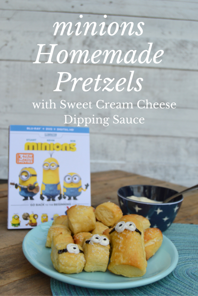 minions Homemade Pretzels with Sweet Cream Cheese Dipping Sauce - a perfect movie night snack | mybigfathappylife.com