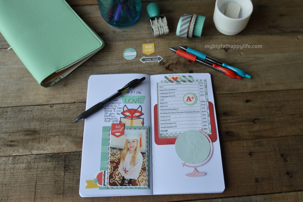 A scrapbook or traveler's notebook to document your child's school year; How to Document Your Child's School Years #MyGo2Pen #ad | mybigfathappylife.com