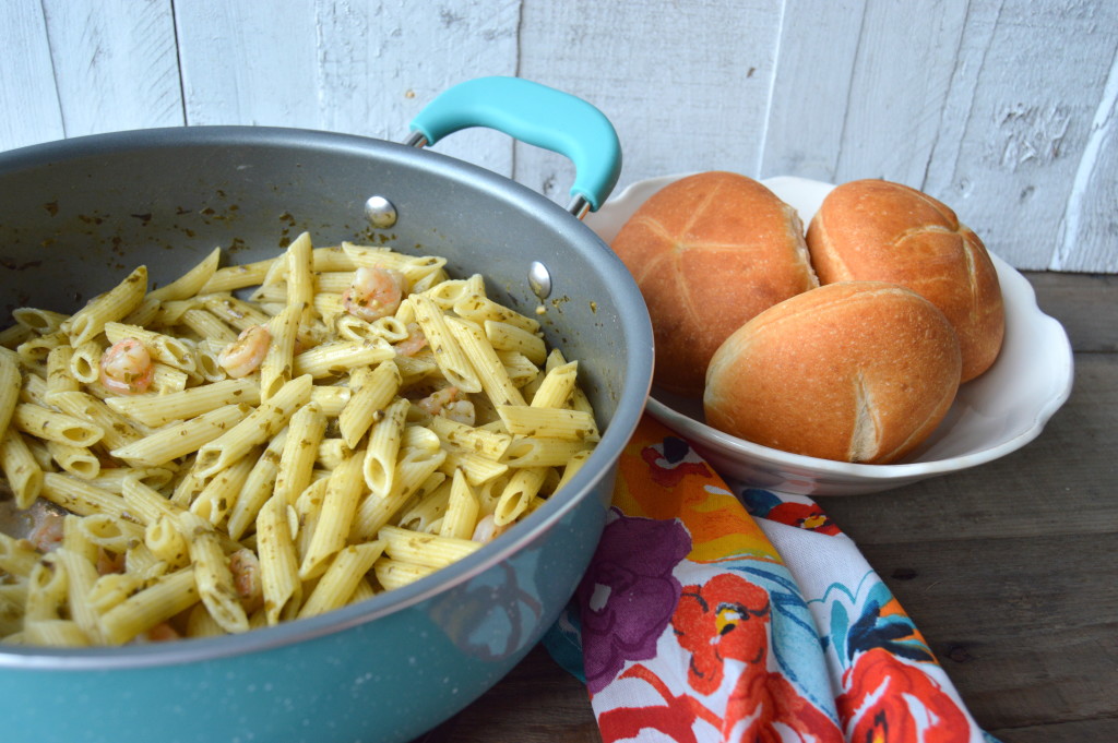 Shrimp Pesto Pasta is the perfect weeknight meal that can be made in under 15 minutes #OnePanPronto #ad | mybigfathappylife.com