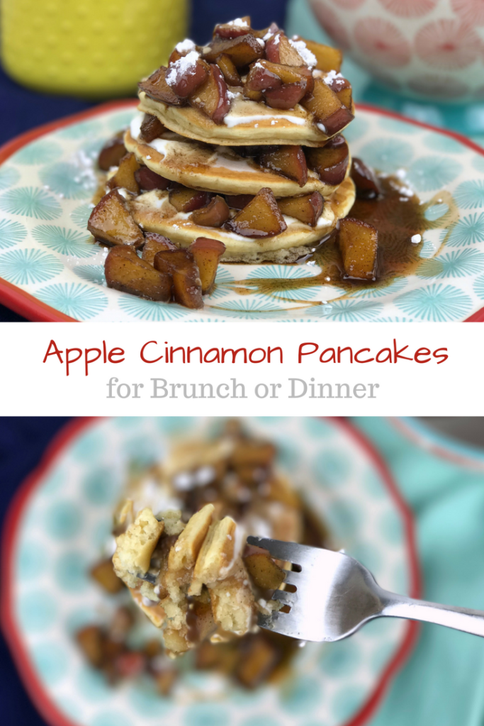 Old fashioned and fluffy pancakes topped with sour cream, fresh apples cooked in a cinnamon syrup glaze and powdered sugar make these Apple Cinnamon Pancakes the best fall recipe for breakfast, brunch, or dinner.