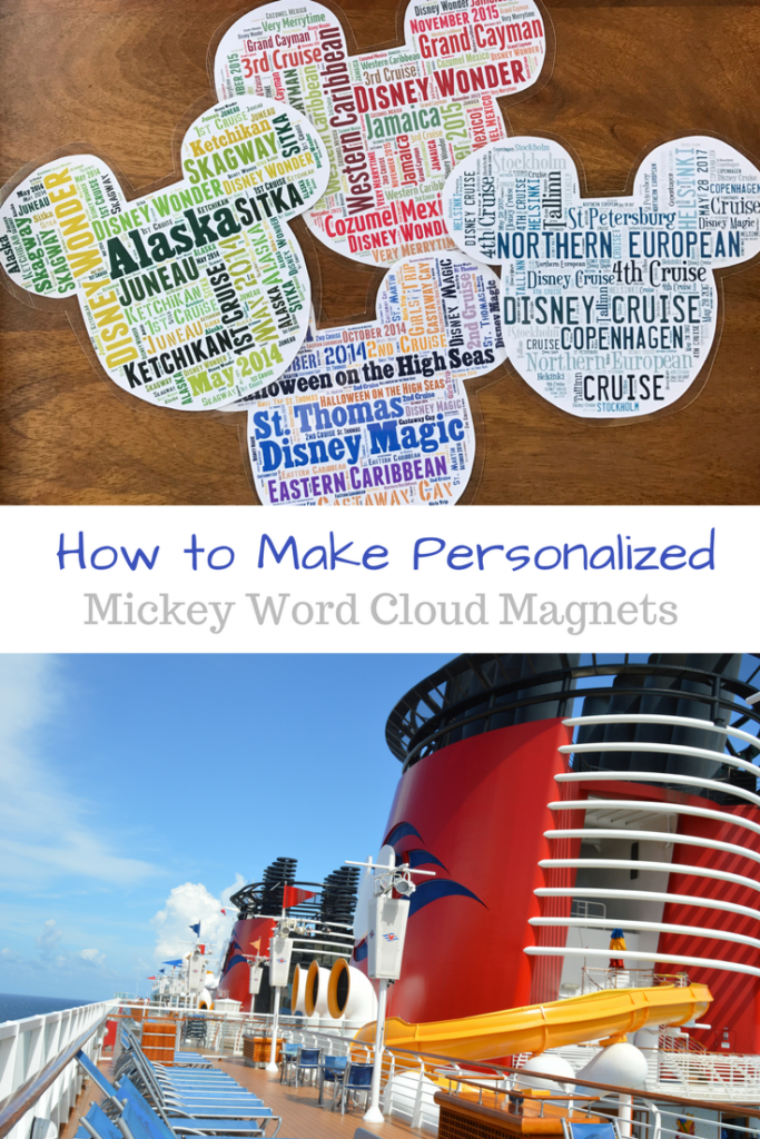 How to Make Personalized Mickey Word Cloud Magnets - Taking a Disney Cruise? You will probably want to decorate your stateroom door! How to make personalized Mickey Word Cloud Magnets.