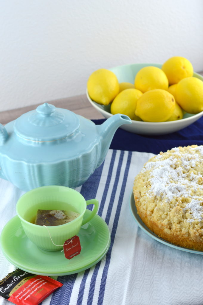 Lemon Crumble Breakfast Cake is moist, tender and full of bright lemon flavor.  #ad #TeaProudly | mybigfathappylife.com