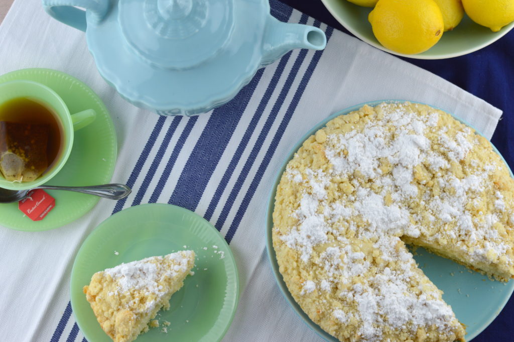 Lemon Crumble Breakfast Cake is moist, tender and full of bright lemon flavor.  #ad #TeaProudly | mybigfathappylife.com