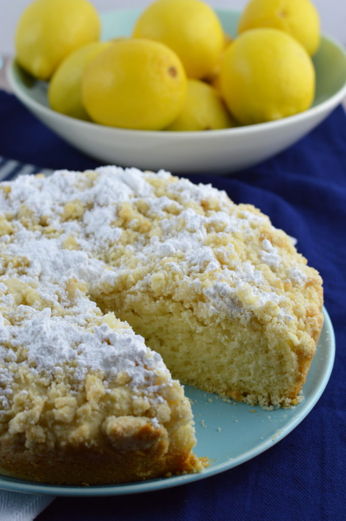 Lemon Crumble Breakfast Cake is moist, tender and full of bright lemon flavor.  #ad #TeaProudly | mybigfathappylife.com
