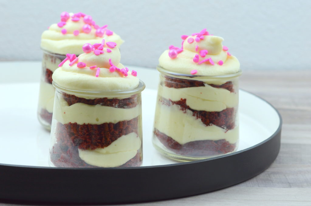 Red Velvet Cupcakes in a Jar are moist, soft cupcakes layered with rich, fluffy cream cheese frosting.