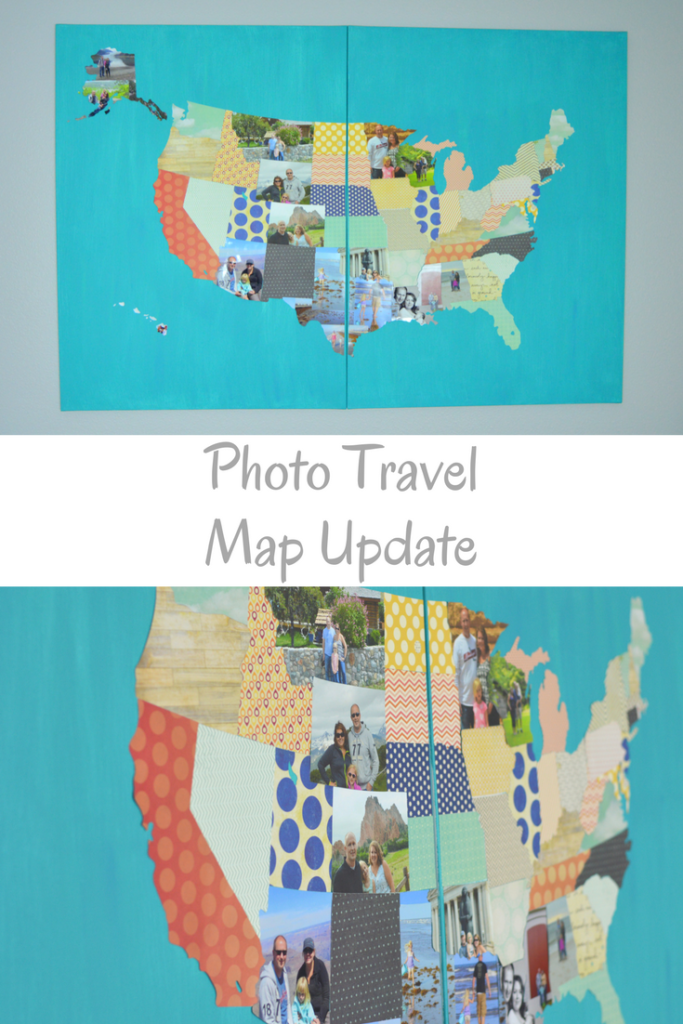 An update on my Photo Travel Map that includes each US state cut out of a photo or scrapbook paper and attached to a canvas.