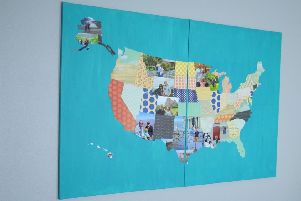 An update on my Photo Travel Map that includes each US state cut out of a photo or scrapbook paper and attached to a canvas.