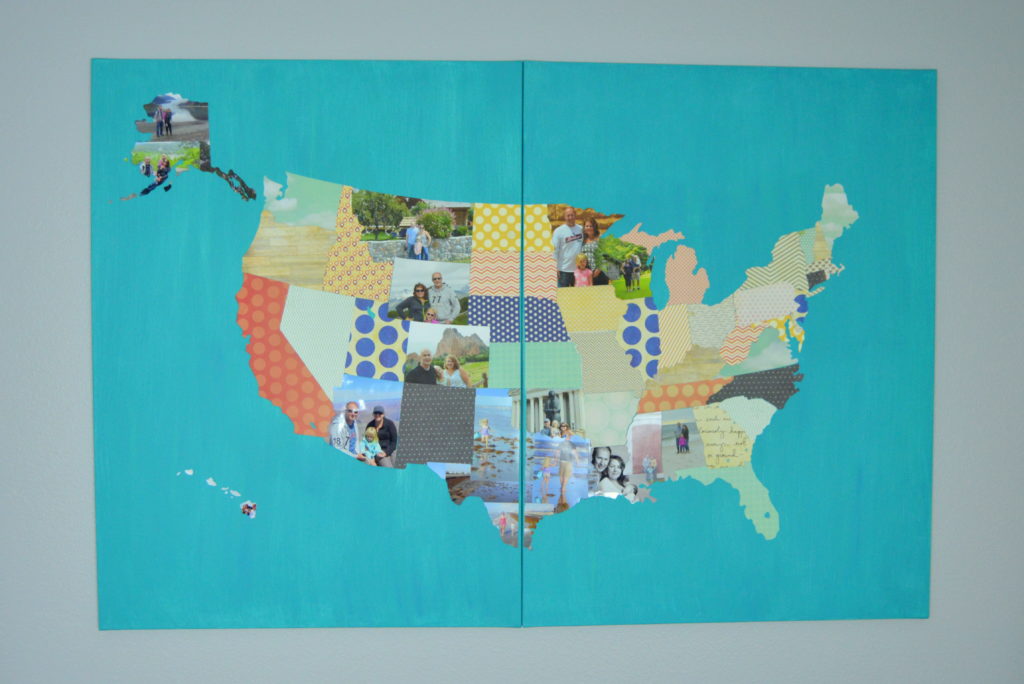 An update on my Photo Travel Map that includes each US state cut out of a photo or scrapbook paper and attached to a canvas.