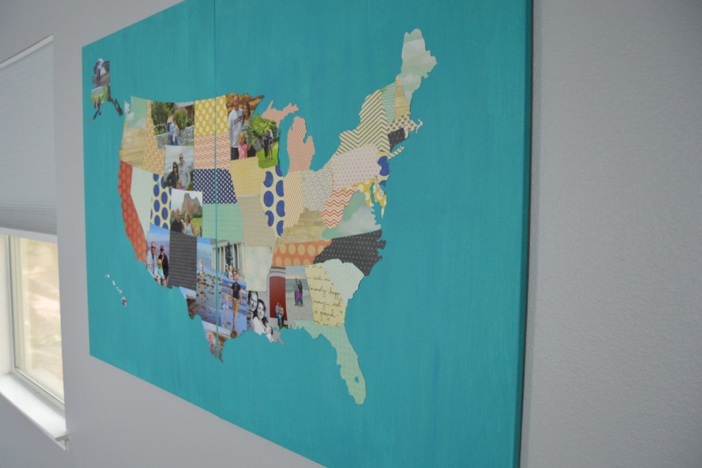 An update on my Photo Travel Map that includes each US state cut out of a photo or scrapbook paper and attached to a canvas.