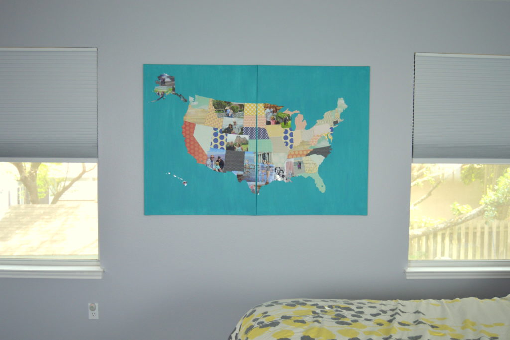 An update on my Photo Travel Map that includes each US state cut out of a photo or scrapbook paper and attached to a canvas.