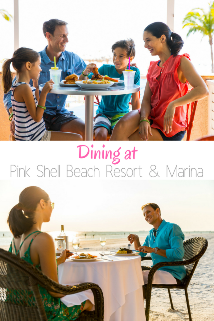 What are the dining options available at Pink Shell Beach Resort & Marina for travelers and locals in Fort Myers Beach, Florida?