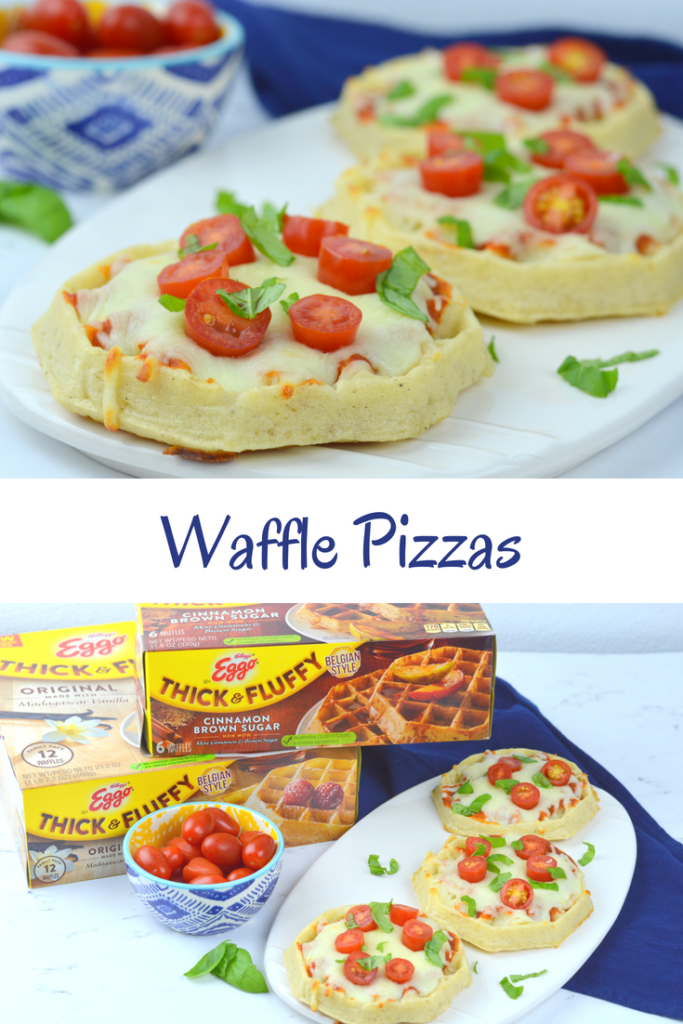 Waffle Pizzas are a family favorite all you need is your favorite pizza sauce, Eggo Thick & Fluffy waffles, mozzarella, cherry tomatoes, & basil - quick, easy, & yummy!