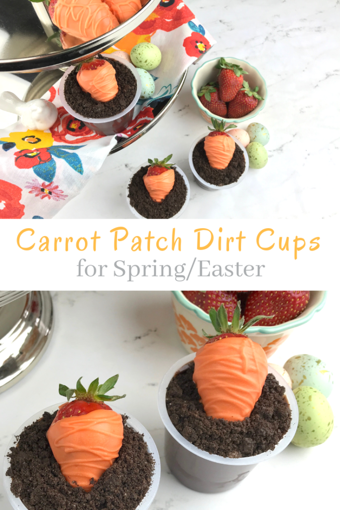 These adorable Carrot Patch Dirt Cups are perfect for spring and easy to make using store bought pudding cups, topped with crumbled chocolate sandwich cookies, and chocolate-covered strawberry “carrots”.  