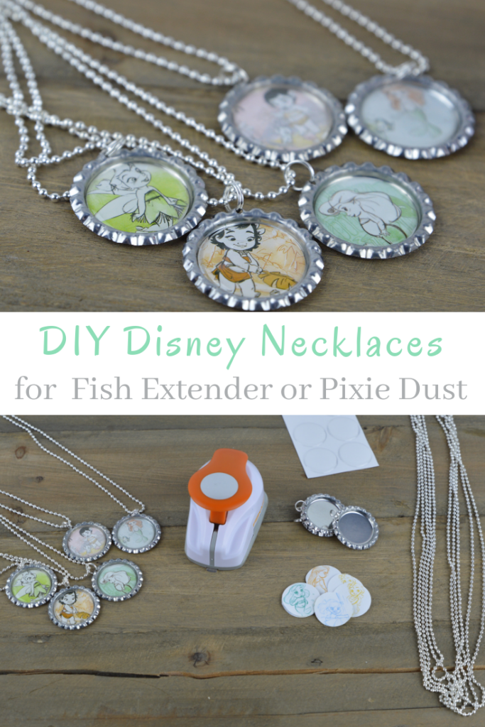 These fun and easy bottle cap necklaces are a great DIY craft for fish extender or pixie dust gifts for your next Disney Cruise.