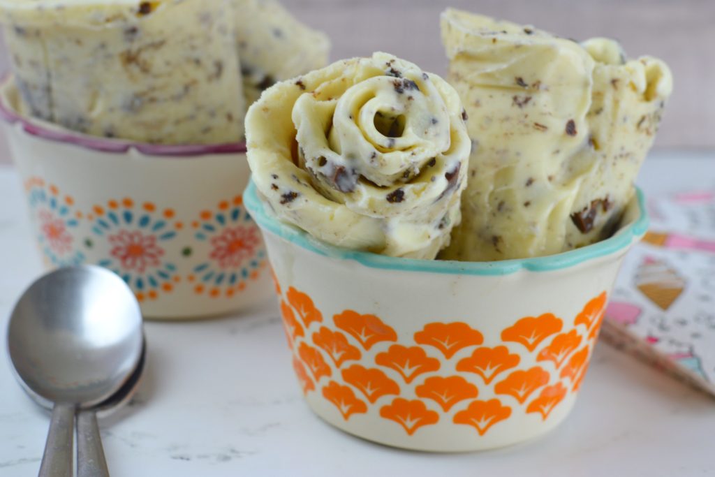 Did you know that you can make the newest fad food: Rolled Ice Cream at home for your family and friends?  Thai Inspired this ice cream is made using only three ingredients + mix-ins.