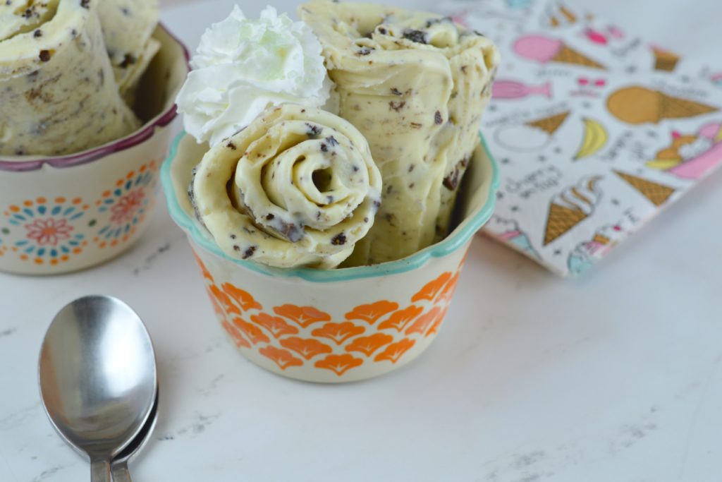 Did you know that you can make the newest fad food: Rolled Ice Cream at home for your family and friends?  Thai Inspired this ice cream is made using only three ingredients + mix-ins.