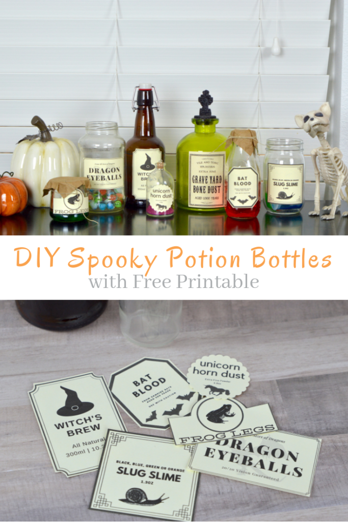 Add some fun to your Halloween decor with these DIY spooky potion bottles!  There’s also a free printable below so you can print your own potion labels!