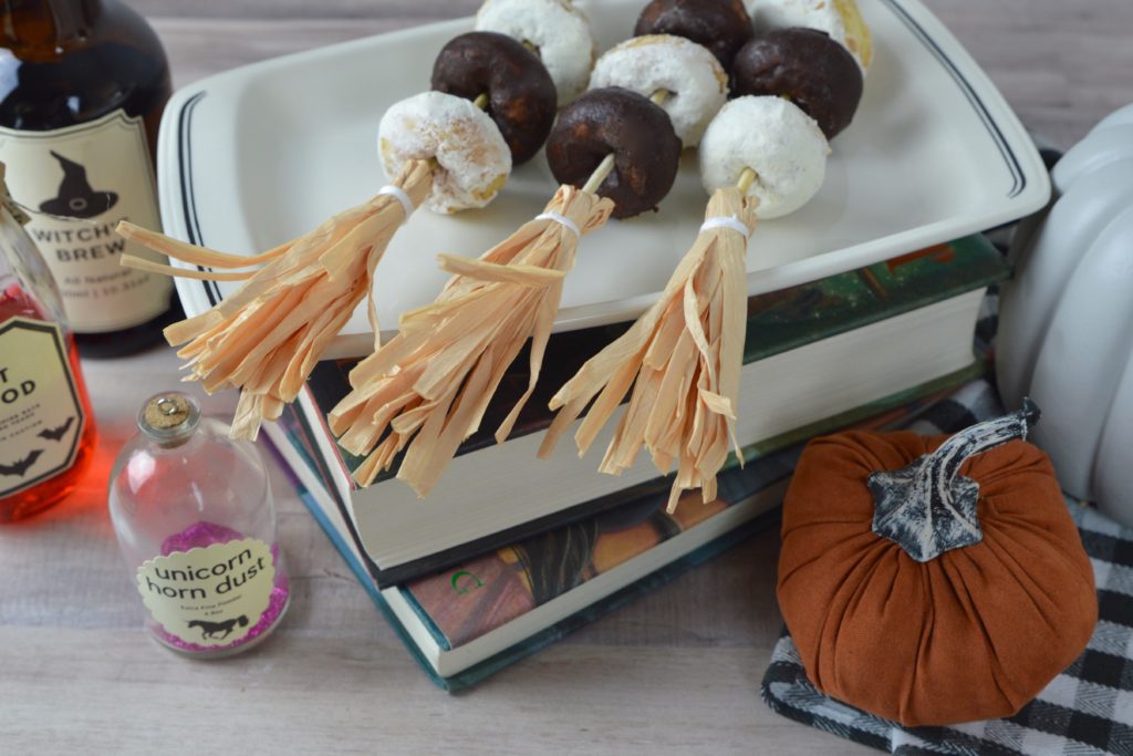This Halloween serve your family mini donuts on DIY Broomstick Skewers.  They will delight in this fun and magical breakfast treat.