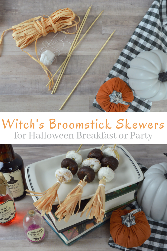 This Halloween serve your family mini donuts on DIY Broomstick Skewers.  They will delight in this fun and magical breakfast treat.