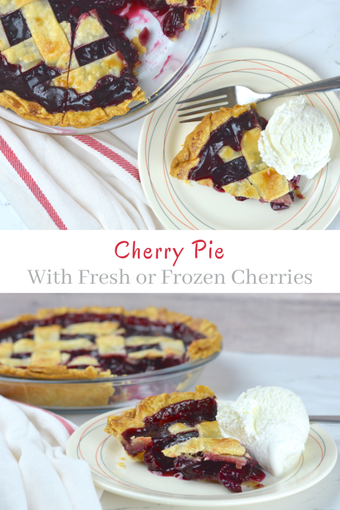 This easy and delicious cherry pie has a flaky crust that is filled with homemade cherry pie filling.  It is bursting with cherry flavor that's both sweet and tart. 