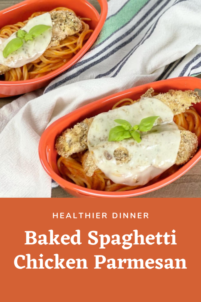 Baked Spaghetti Chicken Parmesan, comfort food dinner with a healthier component, is easy to assemble and will become a family favorite!