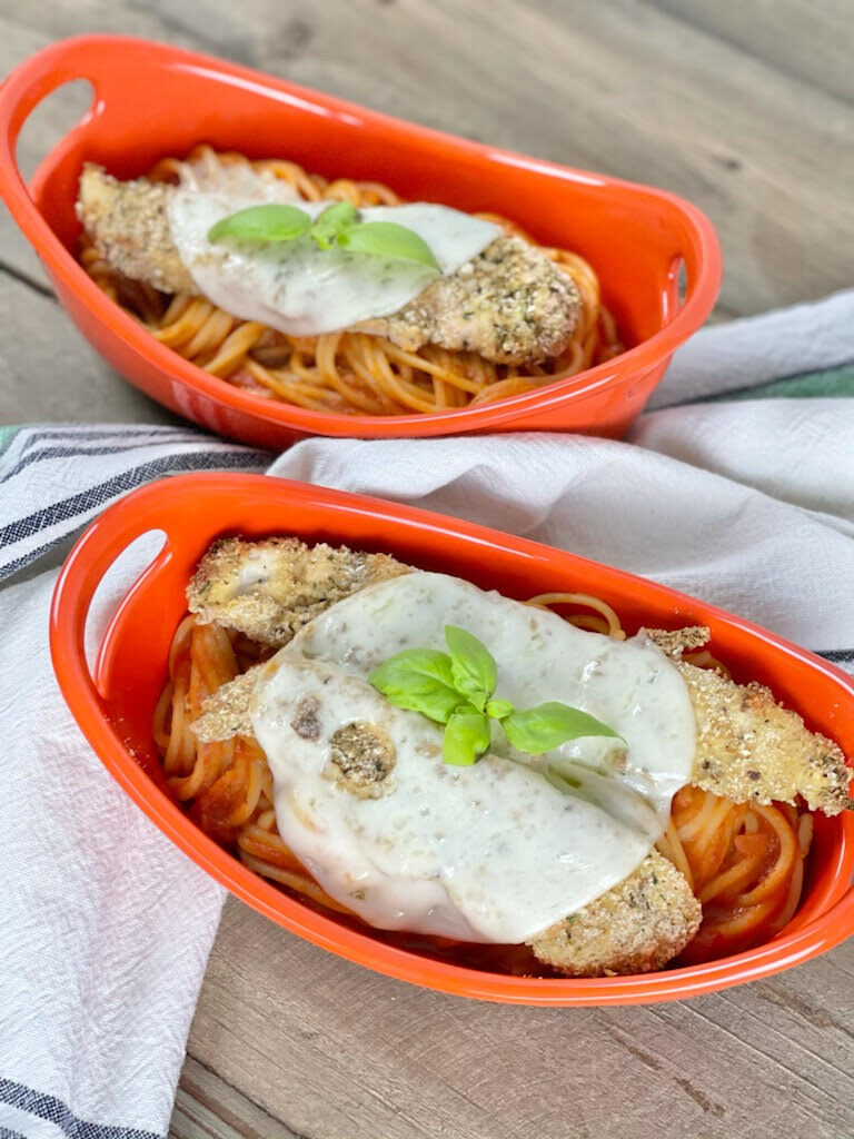 Baked Spaghetti Chicken Parmesan, comfort food dinner with a healthier component, is easy to assemble and will become a family favorite!