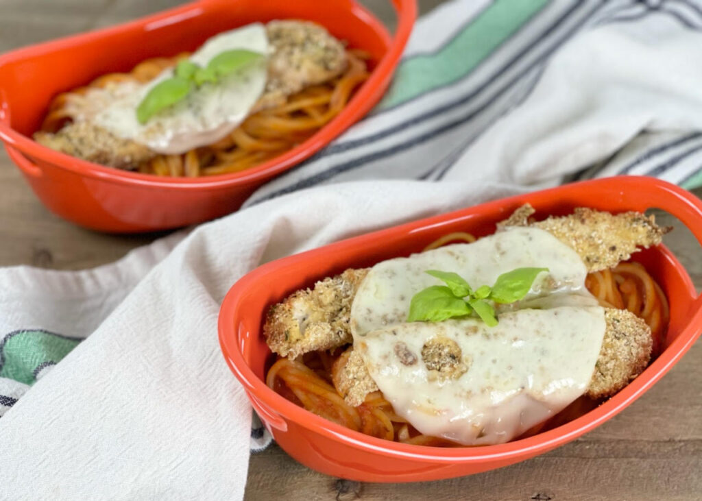 Baked Spaghetti Chicken Parmesan, comfort food dinner with a healthier component, is easy to assemble and will become a family favorite!