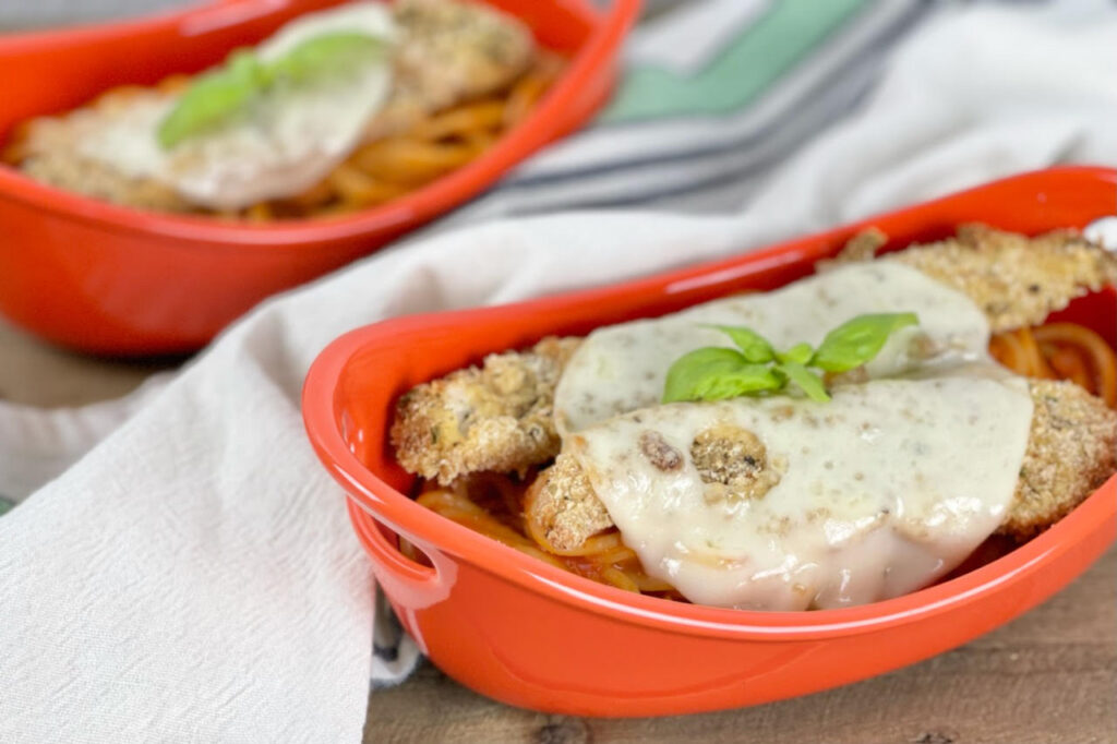 Baked Spaghetti Chicken Parmesan, comfort food dinner with a healthier component, is easy to assemble and will become a family favorite!