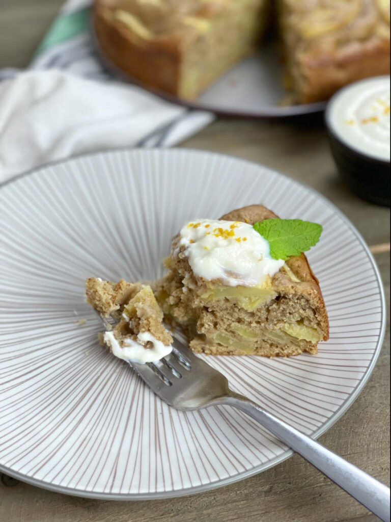 This light and airy olive oil cake is complemented by delicious apples and spices. It makes a wonderful dessert especially when served warm with ricotta cheese.