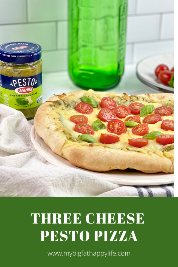 Are you always looking for quick dinner ideas that the whole family will enjoy? This flavorful and savory Three Cheese Pesto Pizza is a family favorite.